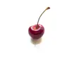 A single red cherry with a stem on a plain white background, minimalist desktop wallpaper 4k
