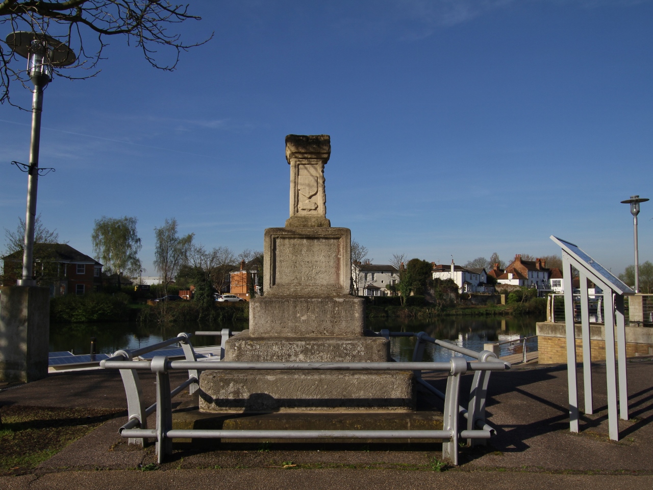 The London Stone between the River Thames and Staines Old Town Hall