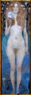 Gustav Klimt Nuda Veritas: a nude redhead woman holding a mirror while standing in blue water with a snake