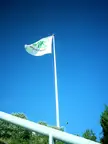 A white flag with a green logo on a tall white flagpole against a clear blue sky at a golf course