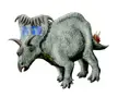 Kosmoceratops concept art of a grey ceratopsian dinosaur with a large frill, horns, and a red tail crest.