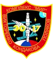Aleksandr Viktorenko mission patch featuring a space station and planet in a black starfield with a red border
