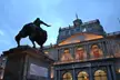 Equestrian statue of Charles IV of Spain in front of the Escuela Nacional de Ingenieros at dusk