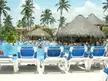 Tropical resort swimming pool with people in bikinis, white lounge chairs, and thatched-roof huts under palm trees