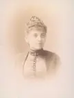 Sultana Racho Petrova in a vintage black and white portrait wearing a high-collared dress and a small crown accessory