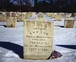 Mother Ann Lee tombstone in a snowy cemetery with an American flag