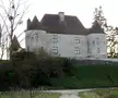 Château de Mutigney, a stone castle with conical towers on a grassy hill surrounded by trees